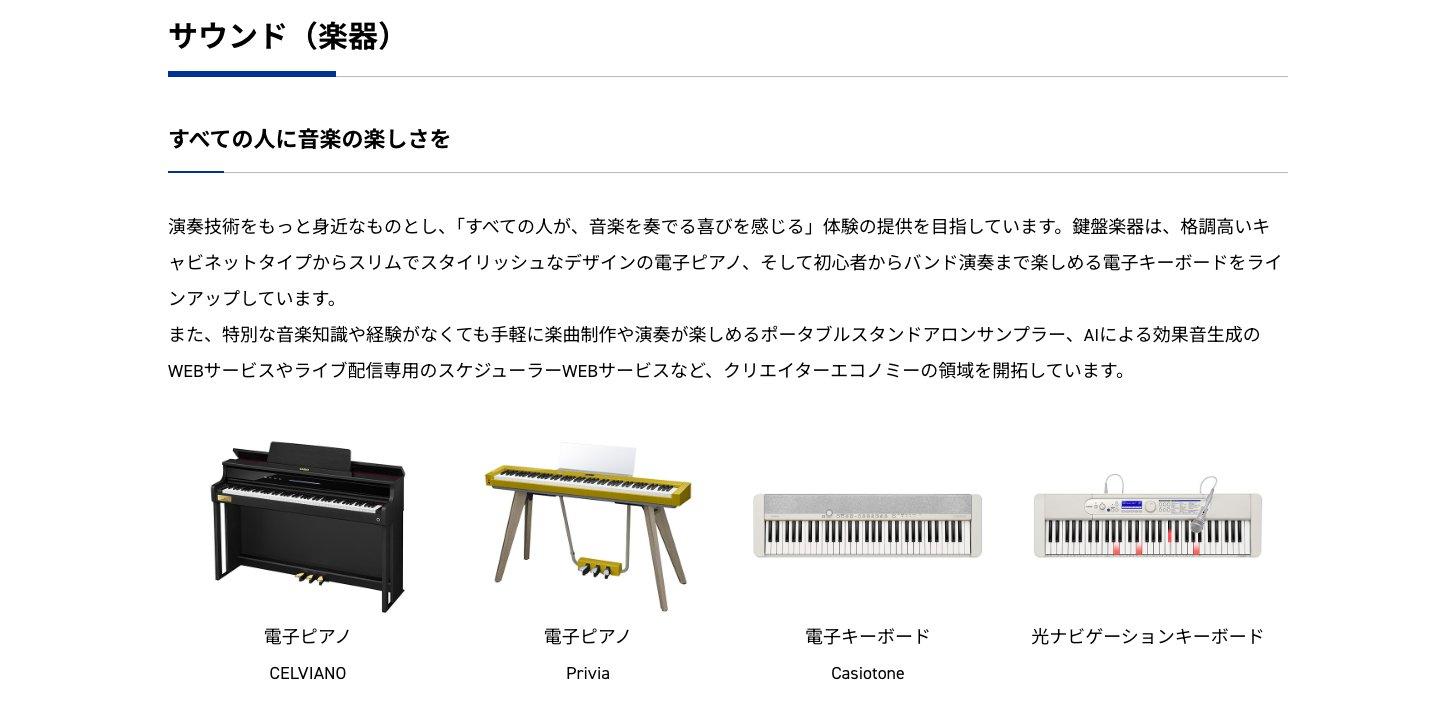 カシオ計算機の企業サイトのサウンド（楽器）の節。電子ピアノCELVIANO・Privia、電子キーボードCasiotone、光ナビゲーションキーボードの製品写真