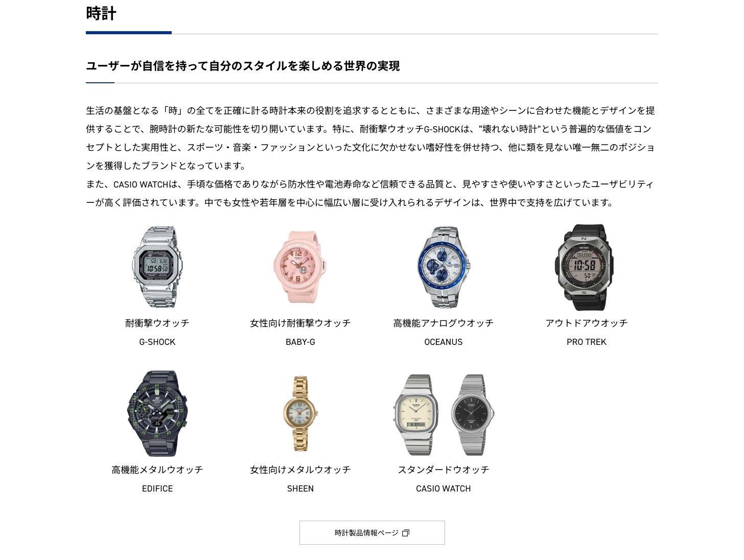 カシオ計算機の企業サイト「カシオの事業内容」の時計の節。G-SHOCK・BABY-G・OCEANUS・PRO TREK・EDIFICE・SHEEN・CASIO WATCHの製品写真