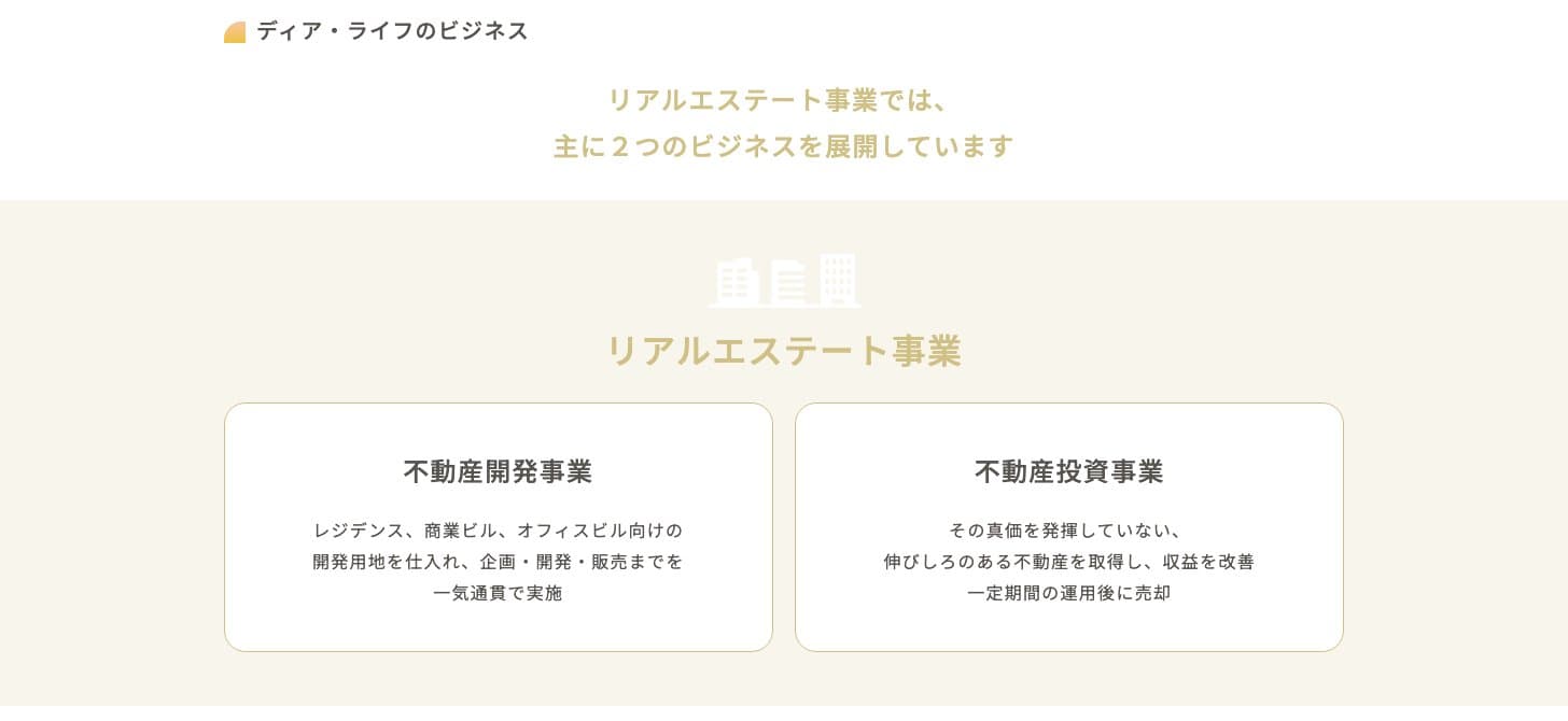 ディア・ライフ公式サイトの事業概要（不動産開発事業と不動産投資事業）
