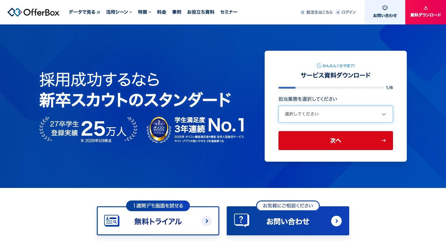 OfferBoxの企業向けトップページ。「採用成功するなら新卒スカウトのスタンダード」の見出しと、27卒学生登録実績25万人（2026年5月時点）の表示