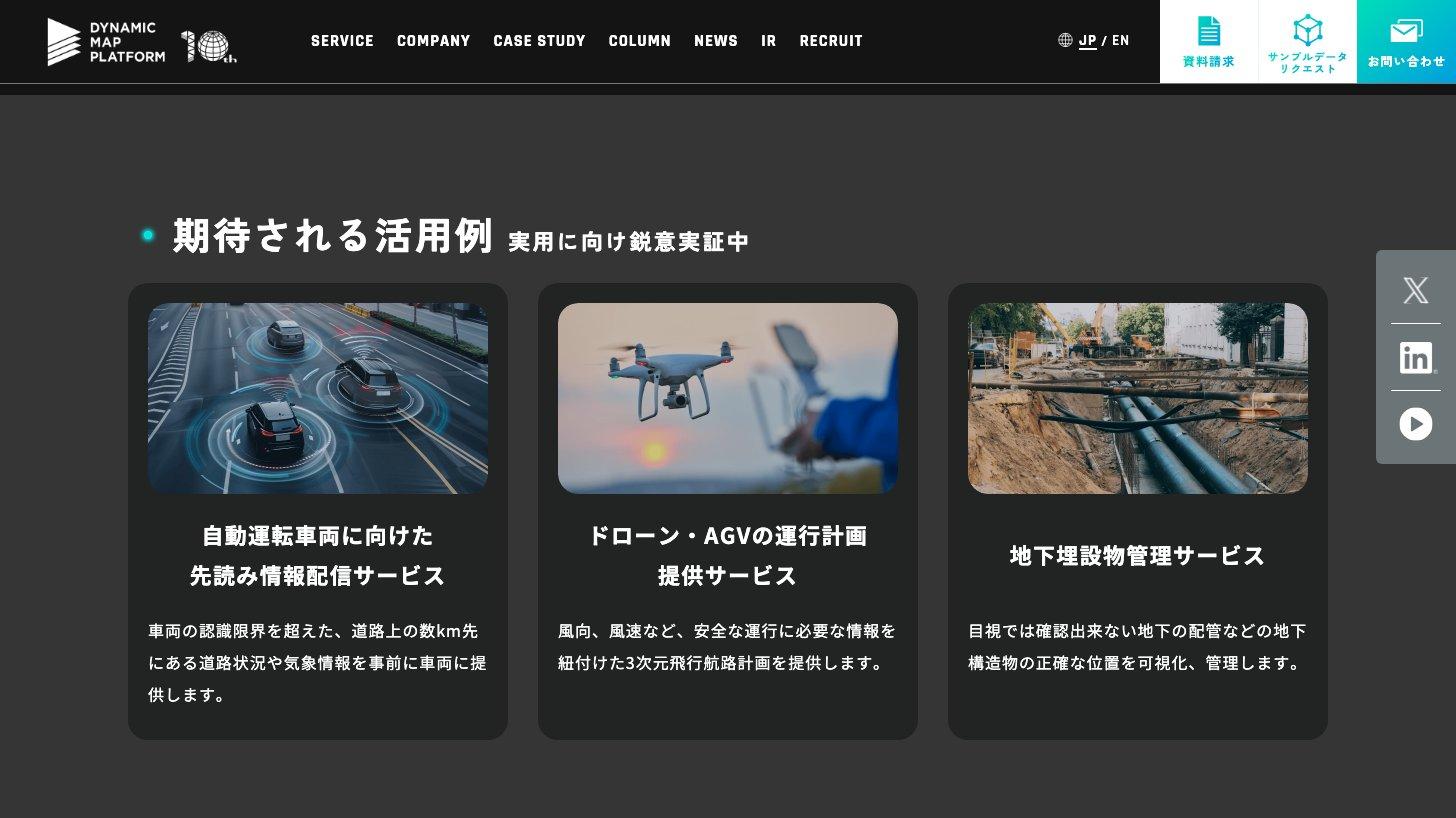 位置情報サービス（空間ID）の紹介ページ。自動運転車両への先読み情報配信、ドローン・AGVの運行計画、地下埋設物管理