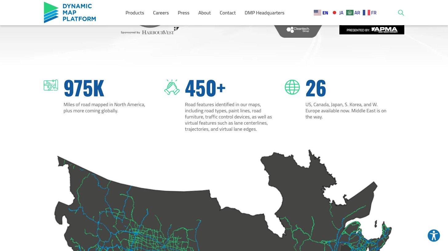 Dynamic Map Platform North Americaの公式サイト。北米で975Kマイルの道路を整備、450以上の道路地物、26か国で提供