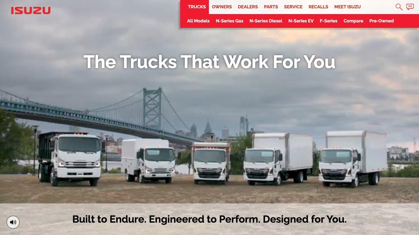 いすゞの米国向け商用車サイトのトップページ（小型のNシリーズ・中型のFシリーズ）