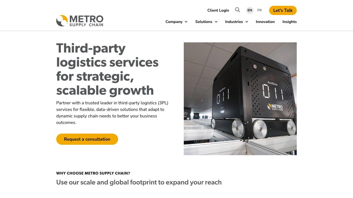 Metro Supply Chainの公式サイトのトップページ。Third-party logistics services for strategic, scalable growthの見出しと、自動倉庫のロボットの写真