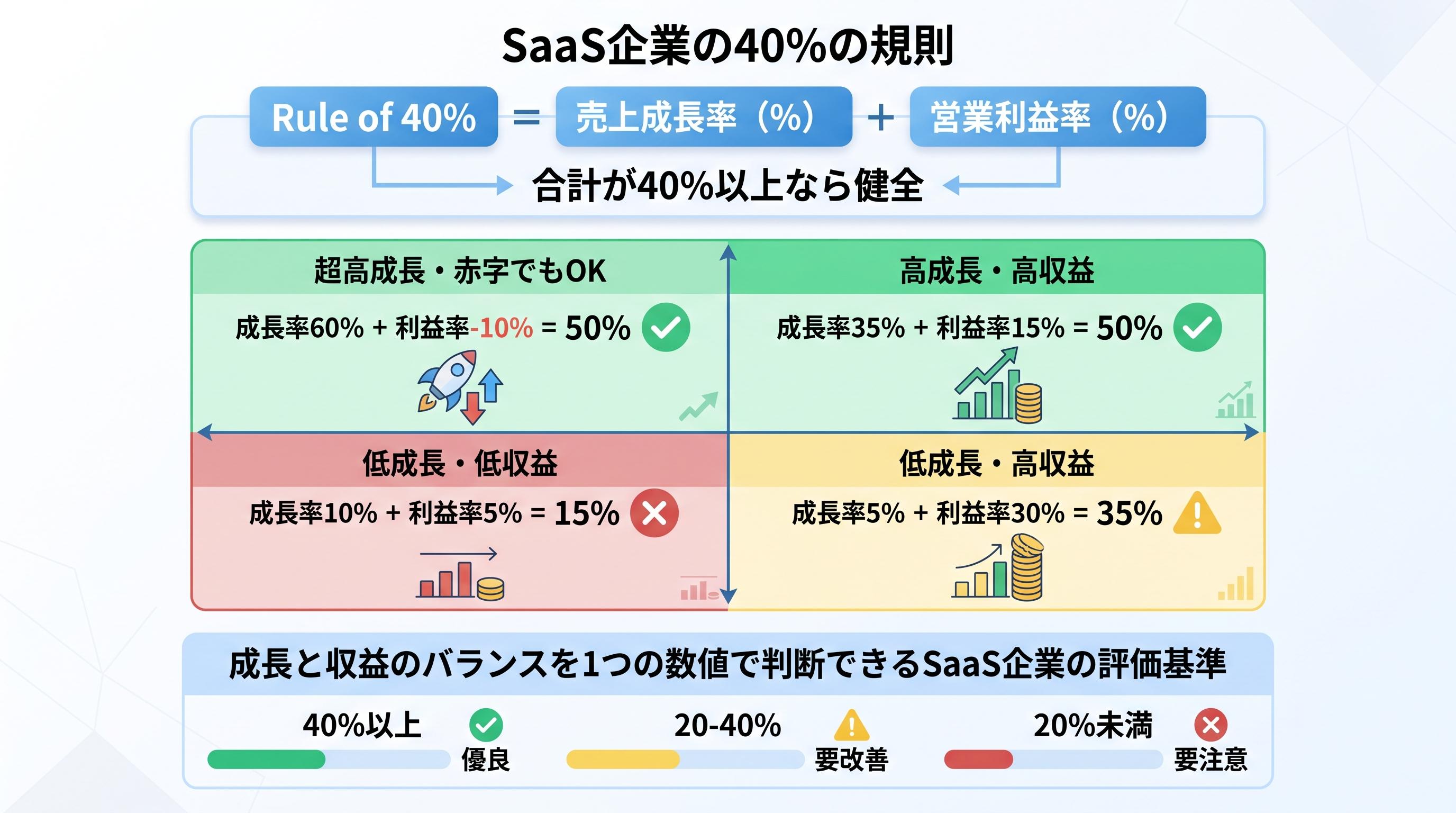 Rule of 40%の図解。売上成長率と営業利益率の合計が40%以上なら健全と判断される