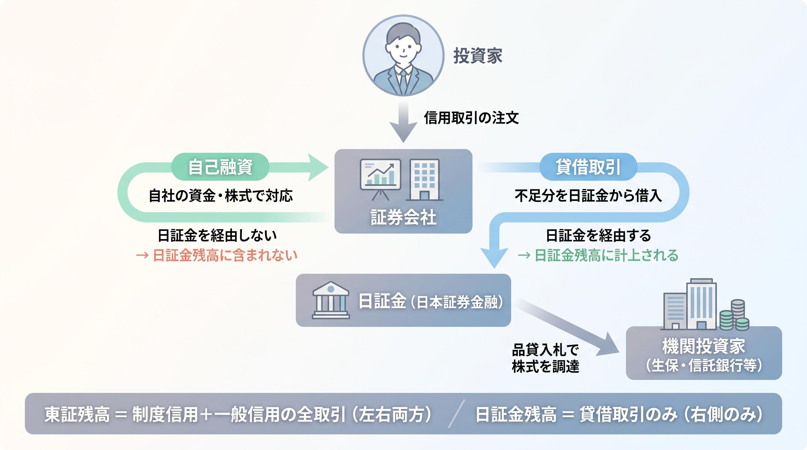 制度信用取引における自己融資と貸借取引の違い。自己融資は日証金を経由せず日証金残高に含まれない。貸借取引は日証金を経由し日証金残高に計上される