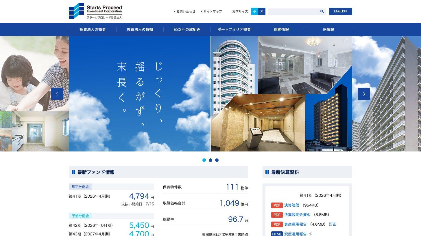 スターツプロシード投資法人の公式サイトのトップページ（保有物件数・取得価格合計・稼働率）
